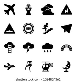 Solid vector icon set - plane vector, airport tower, clouds, abrupt turn right road sign, artificial unevenness, no bus, career, paper fly, cloud ladder, storm, rain, rainbow, kite, helicopter toy