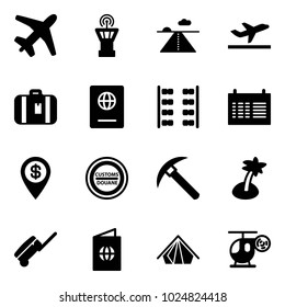 Solid vector icon set - plane vector, airport tower, runway, departure, suitcase, passport, seats, schedule, dollar pin, customs road sign, rock axe, palm, tent, helicopter toy