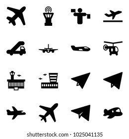 Solid vector icon set - plane vector, airport tower, traffic controller, departure, trap truck, small, helicopter, building, paper, fly, toy