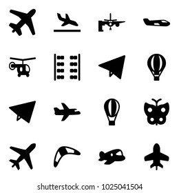 Solid vector icon set - plane vector, arrival, boarding passengers, small, helicopter, seats, paper fly, air balloon, butterfly, boomerang, toy