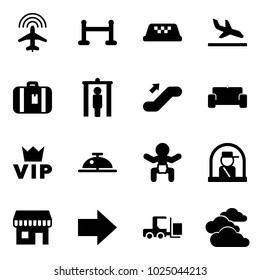 Solid vector icon set - plane radar vector, vip zone, taxi, arrival, suitcase, metal detector gate, escalator up, waiting area, client bell, baby, officer window, duty free, right arrow, fork loader
