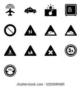 Solid vector icon set - plane radar vector, safety car, terrorism, safe, prohibition road sign, oncoming traffic, climb, steep descent, pedestrian, children, railway intersection, limited height