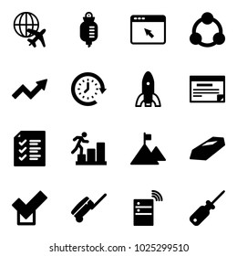 Solid vector icon set - plane globe vector, drop counter, cursor browser, social, growth arrow, clock around, rocket, schedule, list, career, mountain, gold, check, suitcase, server wireless