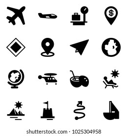 Solid vector icon set - plane vector, small, baggage scales, dollar pin, main road sign, map, paper, globe, helicopter, coconut cocktail, beach, pyramid, sand castle, trip, sailboat toy