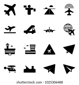 Solid vector icon set - plane vector, traffic controller, runway, radar, departure, trap truck, globe, airport building, road sign, paper fly, helicopter, jointer