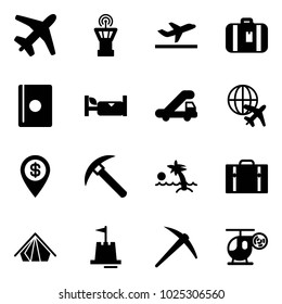 Solid vector icon set - plane vector, airport tower, departure, suitcase, passport, hotel, trap truck, globe, dollar pin, rock axe, palm, tent, sand castle, helicopter toy
