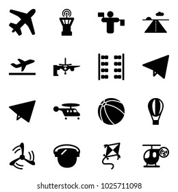 Solid vector icon set - plane vector, airport tower, traffic controller, runway, departure, boarding passengers, seats, paper fly, helicopter, ball, air balloon, wind mill, protect glass, kite, toy