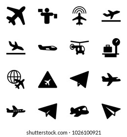 Solid vector icon set - plane vector, traffic controller, radar, departure, arrival, small, helicopter, baggage scales, globe, airport road sign, paper fly, toy