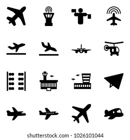 Solid vector icon set - plane vector, airport tower, traffic controller, radar, departure, arrival, helicopter, seats, building, paper fly, toy