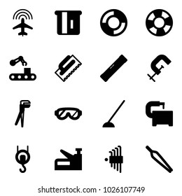 Solid vector icon set - plane radar vector, atm, lifebuoy, conveyor, trowel, level, clamp, plumber, protective glasses, hoe, machine tool, winch, stapler, allen key set, forceps