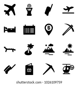 Solid vector icon set - plane vector, airport tower, suitcase, departure, hotel, schedule, dollar pin, job, lounger, palm, mountains, pyramid, passport, axe, helicopter toy