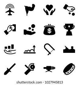 Solid vector icon set - plane radar vector, power hand, heart care, investment, cash pay, purse, cup, growth, fretsaw, jointer, clinch, Angular grinder, pipe welding, tambourine
