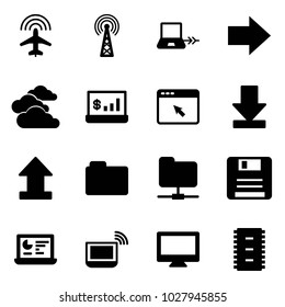 Solid vector icon set - plane radar vector, antenna, notebook connect, right arrow, clouds, account statistics, cursor browser, download, uplooad, folder, network, save, monitor, wi fi, chip