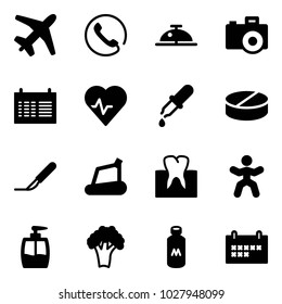 Solid vector icon set - plane vector, phone, client bell, camera, schedule, heart pulse, pipette, pill, scalpel, treadmill, tooth, gymnastics, liquid soap, broccoli, milk