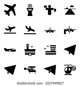 Solid vector icon set - plane vector, airport tower, traffic controller, runway, departure, arrival, boarding passengers, small, building, paper fly, helicopter, toy