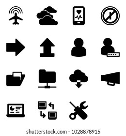 Solid vector icon set - plane radar vector, clouds, mobile heart monitor, no parkin odd, right arrow, uplooad, user, password, folder, network, download cloud, loudspeaker, statistics, data exchange