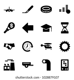 Solid vector icon set - plane vector, scalpel, coin, money torch, left arrow, graduate hat, sand clock, agreement, around, helicopter, sun, plant, trailer, allen key, game console