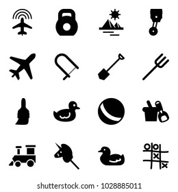 Solid vector icon set - plane radar vector, weight, pyramid, piston, fretsaw, shovel, farm fork, brush, duck toy, ball, bucket, train, unicorn stick, Tic tac toe