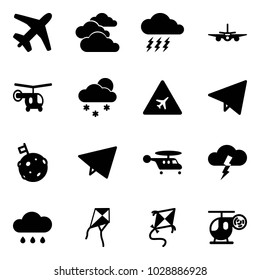 Solid vector icon set - plane vector, clouds, storm, helicopter, snowfall, airport road sign, paper fly, moon flag, rain cloud, kite, toy