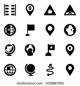 Solid vector icon set - plane seats vector, dollar pin, tunnel road sign, drawbridge, globe, flag, map, man, atm, trip, navigation