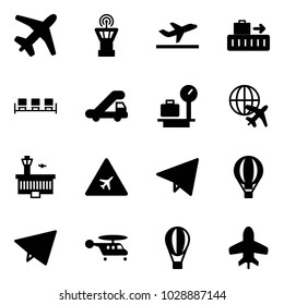 Solid vector icon set - plane vector, airport tower, departure, baggage, waiting area, trap truck, scales, globe, building, road sign, paper fly, air balloon, helicopter, toy