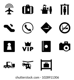 Solid vector icon set - plane radar vector, suitcase, passport control, metal detector gate, escalator down, phone, smoking area sign, no, female wc, vip, camera, fork loader, helicopter