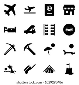 Solid vector icon set - plane vector, departure, passport, duty free, hotel, trap truck, seats, bus road sign, job, rock axe, beach, lounger, palm, suitcase, tent, sand castle