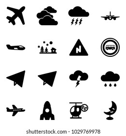 Solid vector icon set - plane vector, clouds, storm, small, christmas landscape, abrupt turn right road sign, no bus, paper fly, rain cloud, rocket, helicopter toy, moon lamp