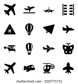 Solid vector icon set - plane vector, departure, seats, airport road sign, air balloon, paper fly, helicopter, butterfly, toy
