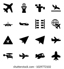 Solid vector icon set - plane vector, airport tower, traffic controller, arrival, small, seats, globe, road sign, paper, fly, helicopter, toy