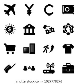 Solid vector icon set - plane vector, yen, cent, safe, dollar sun, bank, cash pay, gear globe, cart, building, career, t shirt, suitcase, information exchange, wi fi router, case