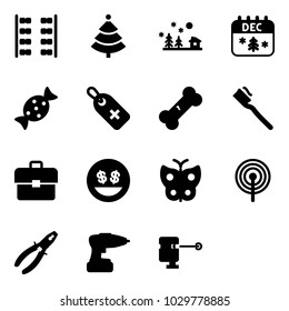 Solid vector icon set - plane seats vector, christmas tree, landscape, calendar, candy, medical label, broken bone, tooth brush, portfolio, money smile, butterfly, antenna, pliers, drill