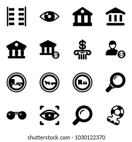 Solid vector icon set - plane seats vector, eye, bank, account, no trailer road sign, cart horse, truck overtake, magnifier, sunglasses, scanner, teethers