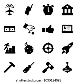 Solid vector icon set - plane radar vector, suitcase, alarm clock, bank, cash, investment, like, statistics monitor, career, moon flag, target, rocket, hammer, screwdriver, toy, wirligig