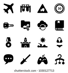 Solid vector icon set - plane vector, vial, tractor way road sign, speed limit 30, key, shared folder, refresh cloud, book, star medal, sand fort, reading, swimsuit, chat, clinch, joystick