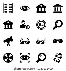 Solid vector icon set - plane seats vector, eye, bank, account, no truck overtake road sign, magnifier, telescope, sunglasses, parasol, scanner, teethers