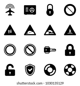 Solid vector icon set - plane radar vector, safe, lock, prohibition road sign, oncoming traffic, climb, embankment, pedestrian, key, locked, unlocked, shield check, lifebuoy