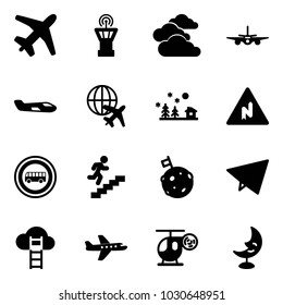 Solid vector icon set - plane vector, airport tower, clouds, small, globe, christmas landscape, abrupt turn right road sign, no bus, career, moon flag, paper fly, cloud ladder, helicopter toy, lamp