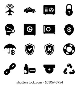 Solid vector icon set - plane radar vector, safety car, safe, lock, medical mask, insurance, shield check, cross, lifebuoy, link, uv cream, surveillance camera, recycling