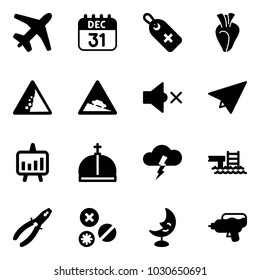 Solid vector icon set - plane vector, 31 dec calendar, medical label, heart, landslide road sign, steep descent, volume off, paper, presentation chart, crown, storm, pool, pliers, rivet, moon lamp