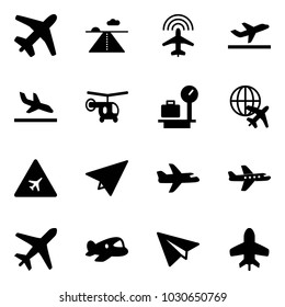 Solid vector icon set - plane vector, runway, radar, departure, arrival, helicopter, baggage scales, globe, airport road sign, paper, toy