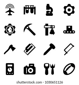 Solid vector icon set - plane radar vector, vial, lab, gear, globe, rock axe, ship bell, conveyor, trowel, nail, metal hacksaw, multimeter, camera, shovel fork toy, football