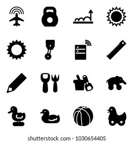 Solid vector icon set - plane radar vector, weight, growth, sun, piston, server wireless, ruler, pencil, shovel fork toy, bucket, elephant wheel, duck, basketball