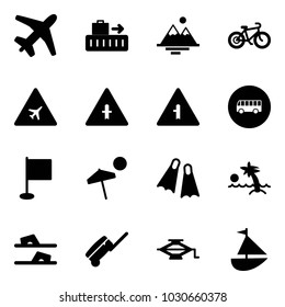 Solid vector icon set - plane vector, baggage, mountains, bike, airport road sign, intersection, bus, flag, beach, flippers, palm, flip flops, suitcase, jack, sailboat toy