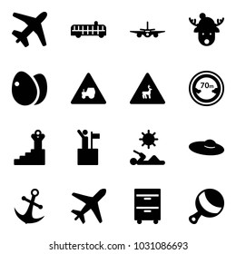 Solid vector icon set - plane vector, airport bus, christmas deer hat, eggs, tractor way road sign, wild animals, limited distance, success, win, reading, woman, anchor, tool cabinet, beanbag