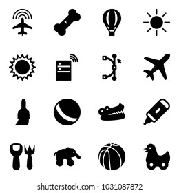 Solid vector icon set - plane radar vector, broken bone, air balloon, sun, server wireless, bezier, brush, ball, crocodile, marker, shovel fork toy, elephant wheel, basketball, duck