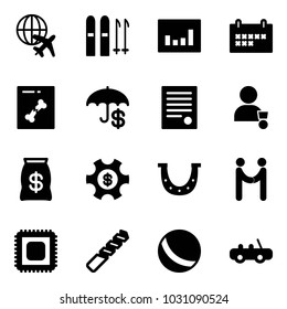 Solid vector icon set - plane globe vector, ski, statistics, schedule, x ray, insurance, agreement, winner, money bag, managemet, luck, cpu, drill, ball, toy car