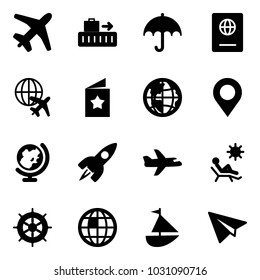 Solid vector icon set - plane vector, baggage, insurance, passport, globe, star postcard, map pin, rocket, beach, hand wheel, sailboat toy, paper