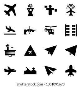 Solid vector icon set - plane vector, airport tower, traffic controller, radar, arrival, boarding passengers, helicopter, seats, building, road sign, paper, fly, jointer, toy