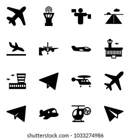 Solid vector icon set - plane vector, airport tower, traffic controller, runway, arrival, boarding passengers, small, building, paper fly, helicopter, toy